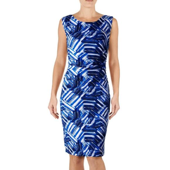 Nine West Dresses & Skirts - Nine West 3946 Blue 14 Abstract Ruched Waist Stretch Jersey Sheath Dress $98
